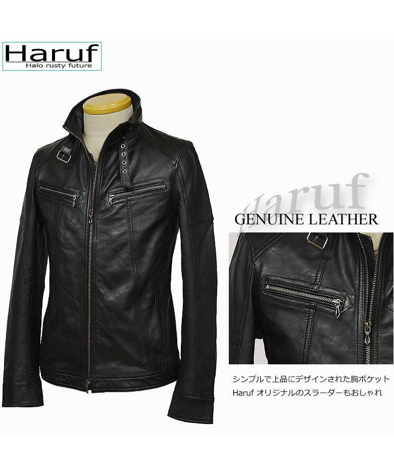 Hanuf ブラック レザージャケット Haruf Leather Jacket Riders Jacket Leather Jacket Men's Genuine Leathe