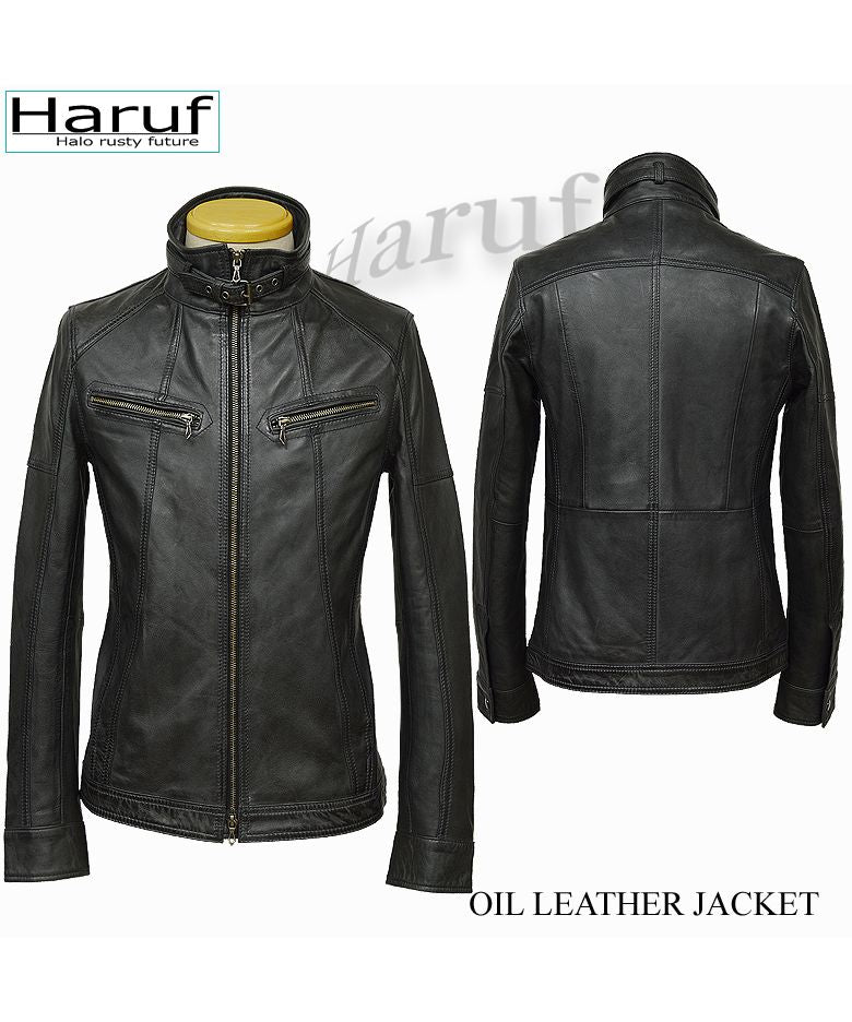 Hanuf ブラック レザージャケット ハルフ Haruf 本革 フード付きレザージャケット ライダースジャケット