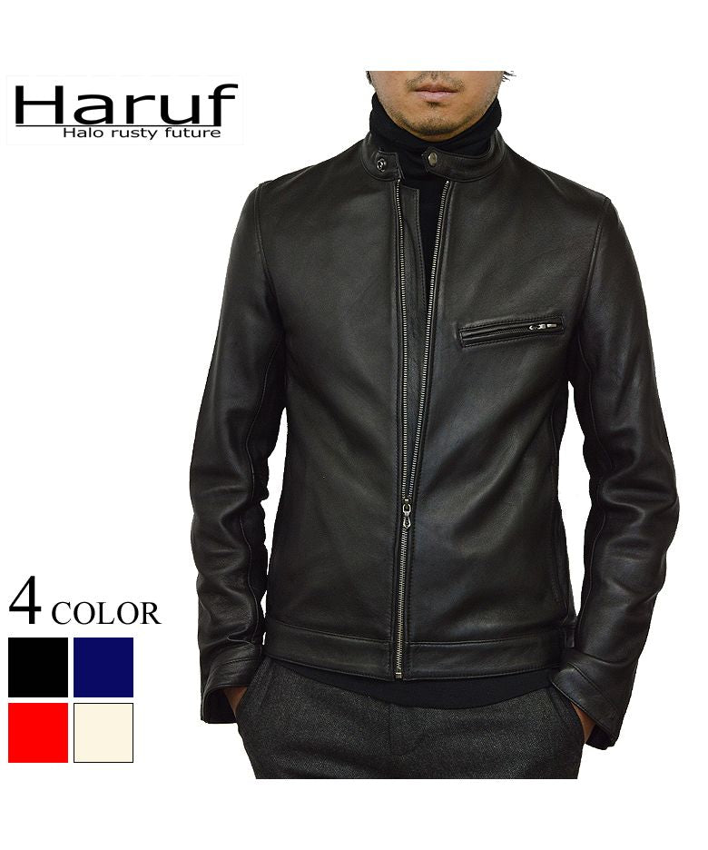 ハルフ Haruf 本革 レザージャケット ライダースジャケット 革ジャン メンズ シングルライダース シンプル おしゃれ 秋冬 春 メンズアウター RS2,ブラック