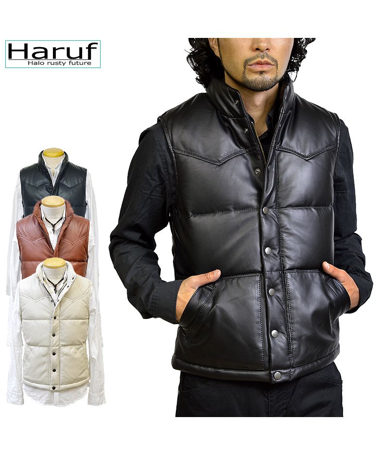 ハルフ Haruf 本革 ダウンベスト レザーベスト メンズ ヨーク インナーベスト シンプル おしゃれ バイク 革ベスト ラムレザー メンズアウター US115,ブラック