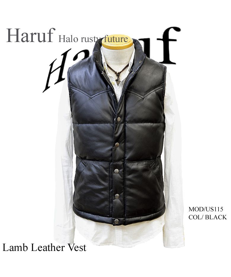 ハルフ Haruf 本革 ダウンベスト レザーベスト メンズ ヨーク インナーベスト シンプル おしゃれ バイク 革ベスト ラムレザー メンズアウター US115