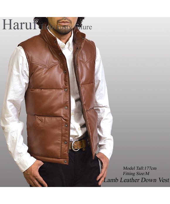 ハルフ Haruf 本革 ダウンベスト レザーベスト メンズ ヨーク インナーベスト シンプル おしゃれ バイク 革ベスト ラムレザー メンズアウター US115