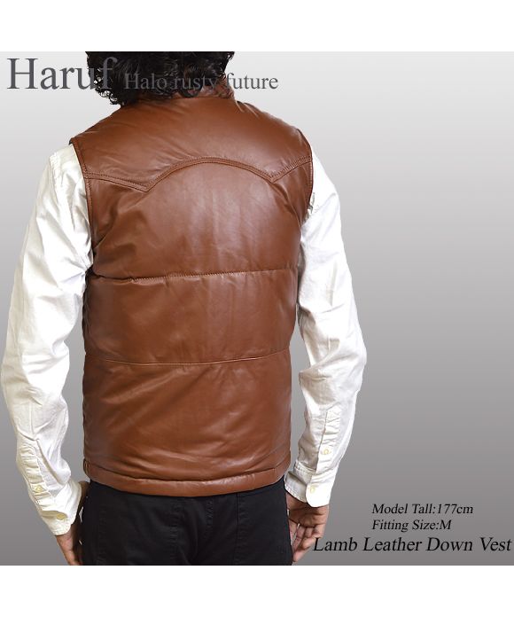 ハルフ Haruf 本革 ダウンベスト レザーベスト メンズ ヨーク インナーベスト シンプル おしゃれ バイク 革ベスト ラムレザー メンズアウター US115