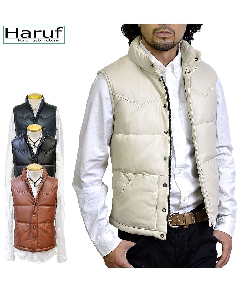 ハルフ Haruf 本革 ダウンベスト レザーベスト メンズ ヨーク インナーベスト シンプル おしゃれ バイク 革ベスト ラムレザー メンズアウター US115,ホワイト