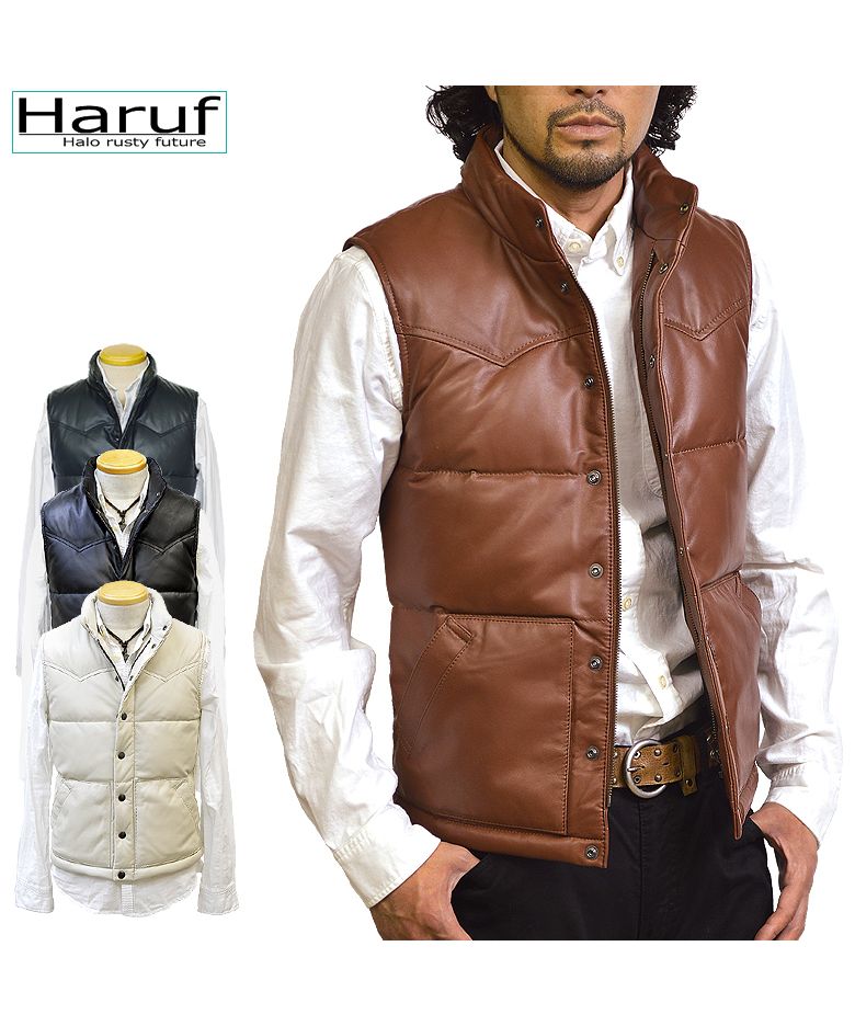 ハルフ Haruf 本革 ダウンベスト レザーベスト メンズ ヨーク インナーベスト シンプル おしゃれ バイク 革ベスト ラムレザー メンズアウター US115,キャメル