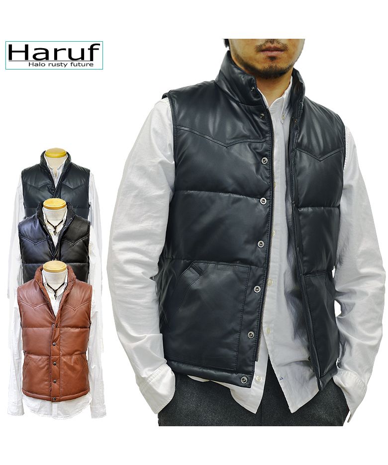 ハルフ Haruf 本革 ダウンベスト レザーベスト メンズ ヨーク インナーベスト シンプル おしゃれ バイク 革ベスト ラムレザー メンズアウター US115,ネイビー
