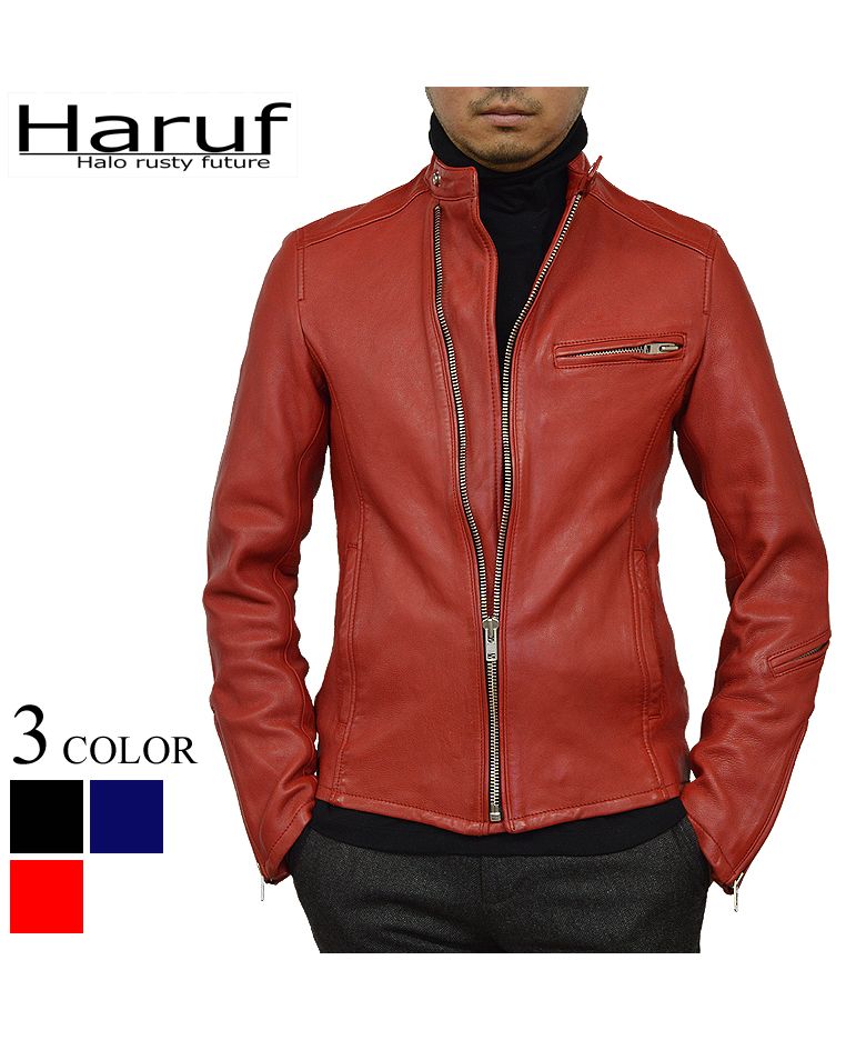 ハルフ Haruf シングルライダースジャケット レザージャケット 革ジャン メンズ 本革 斜めジップ シンプル 秋冬 春 メンズアウター RSW1,レッド