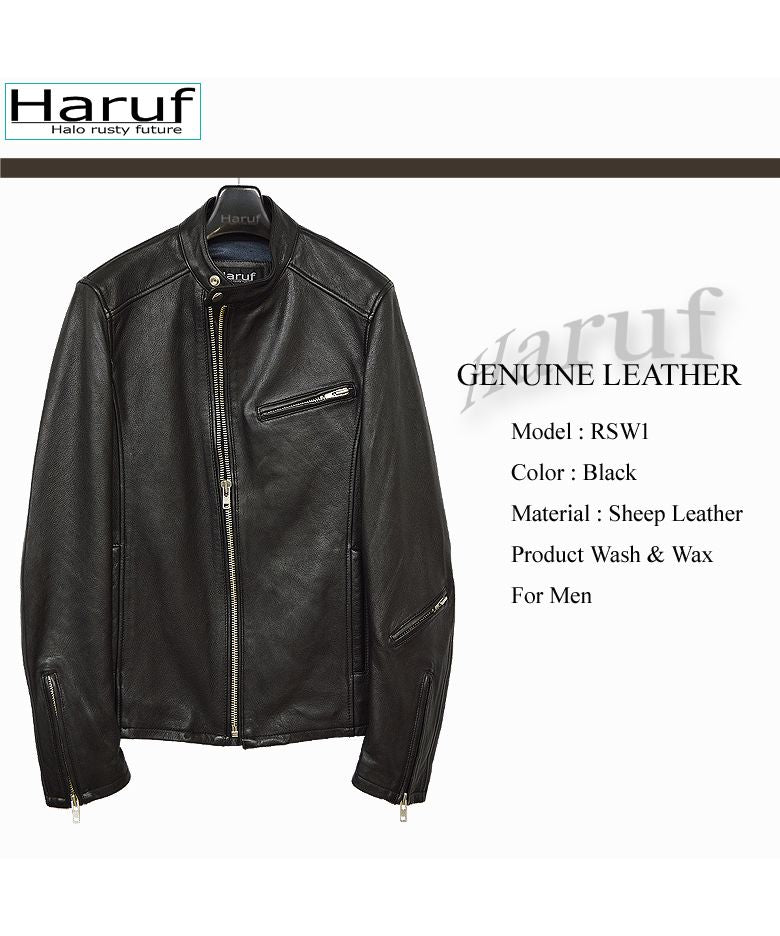 ハルフ Haruf シングルライダースジャケット レザージャケット 革ジャン メンズ 本革 斜めジップ シンプル 秋冬 春 メンズアウター RSW1