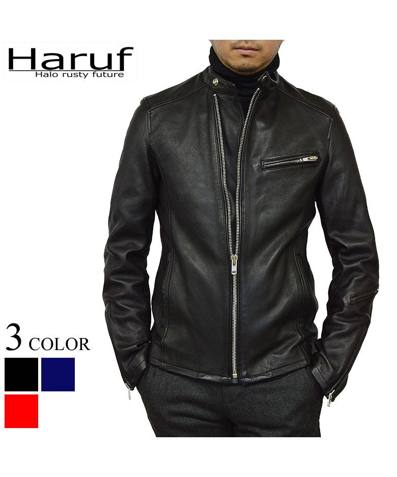 ハルフ Haruf シングルライダースジャケット レザージャケット 革ジャン メンズ 本革 斜めジップ シンプル 秋冬 春 メンズアウター RSW1,ブラック
