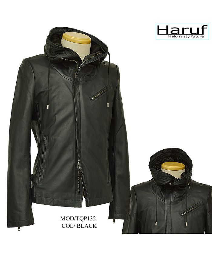 Hanuf ブラック レザージャケット Haruf Leather Jacket Riders Jacket Leather Jacket Men's Genuine Leathe