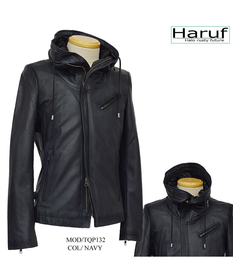 ハルフ Haruf レザージャケット ライダースジャケット 革ジャン メンズ 本革 フード パーカー ラムレザー オイルレザー 皮ジャン シンプル TQPUSA132