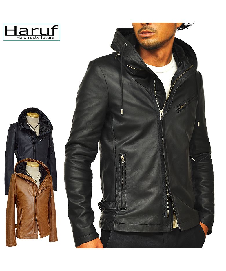 Haruf フード付きブラックレザージャケット Haruf Leather Jacket Riders Jacket Leather Jacket Men's Genuine Leathe
