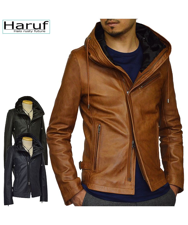 ハルフ Haruf レザージャケット ライダースジャケット 革ジャン メンズ 本革 フード パーカー ラムレザー オイルレザー 皮ジャン シンプル TQPUSA132,キャメル