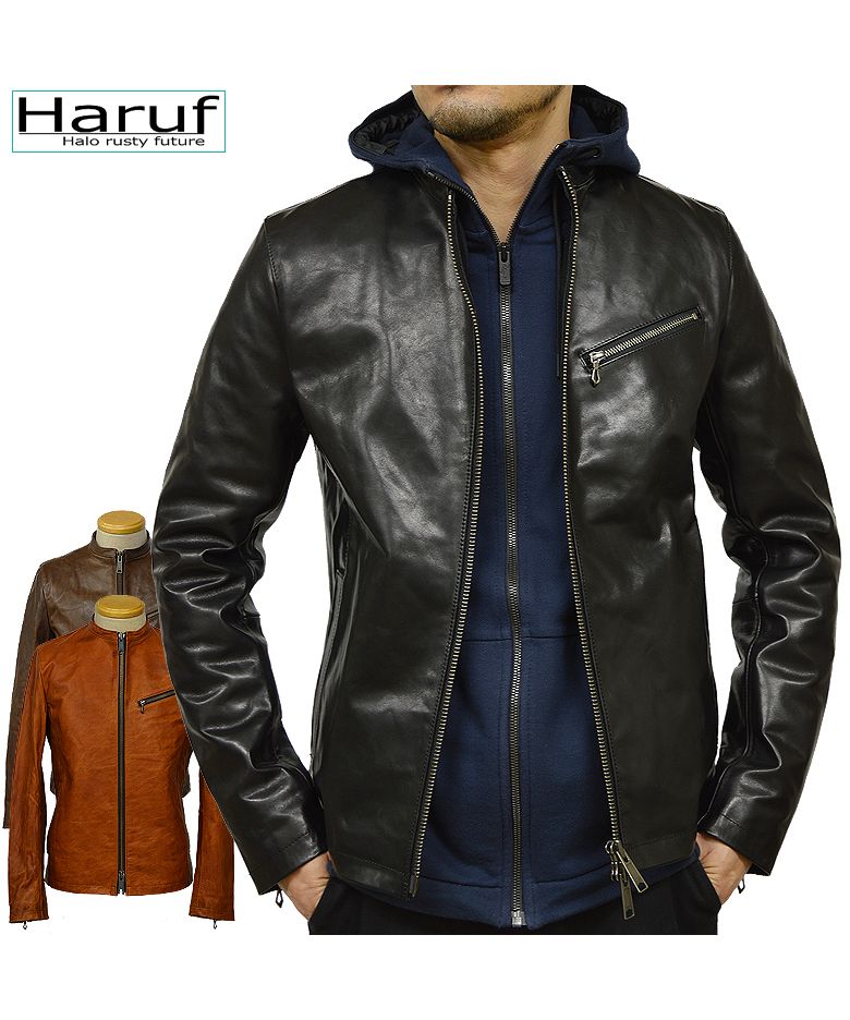 ハルフ Haruf 本革 レザージャケット シングルライダースジャケット 革ジャン メンズ ホースハイド 馬革 秋冬 US192H,ブラック