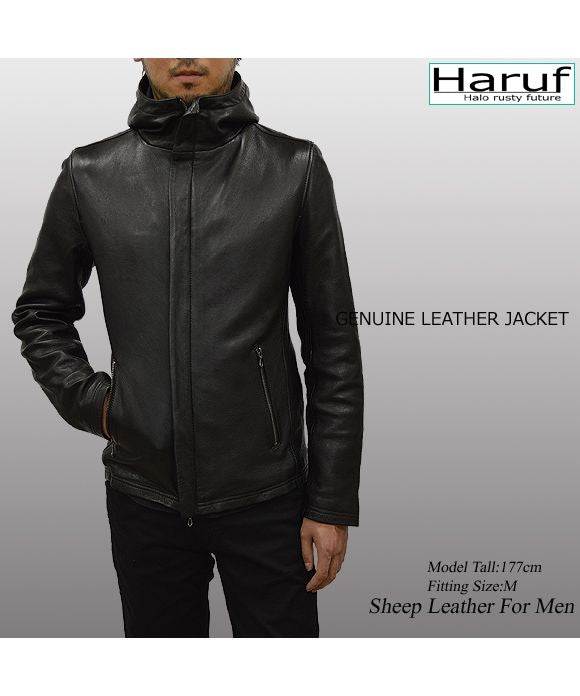 Hanuf ブラック レザージャケット Haruf Leather Jacket Genuine Leather Single Riders Hooded Mountain Par