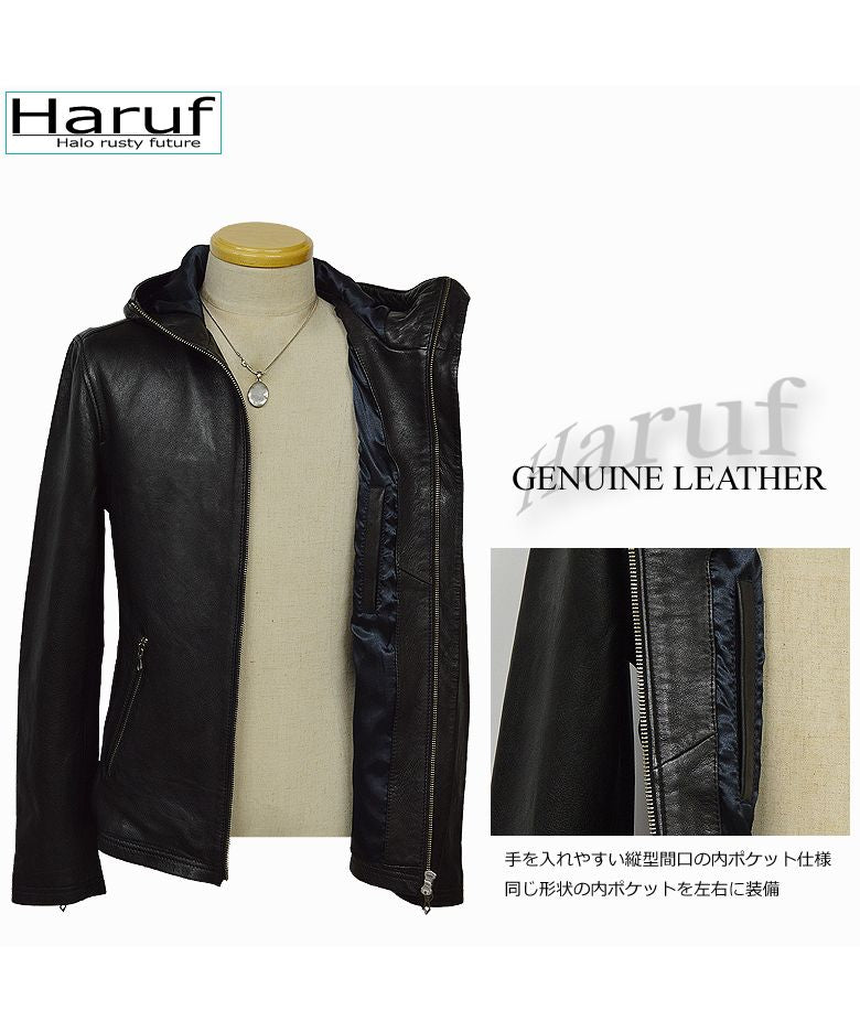 ハルフ Haruf レザージャケット 革ジャン メンズ 本革 シングルライダース フード マウンテンパーカー 大きいサイズ メンズアウター 秋冬 春 FD1