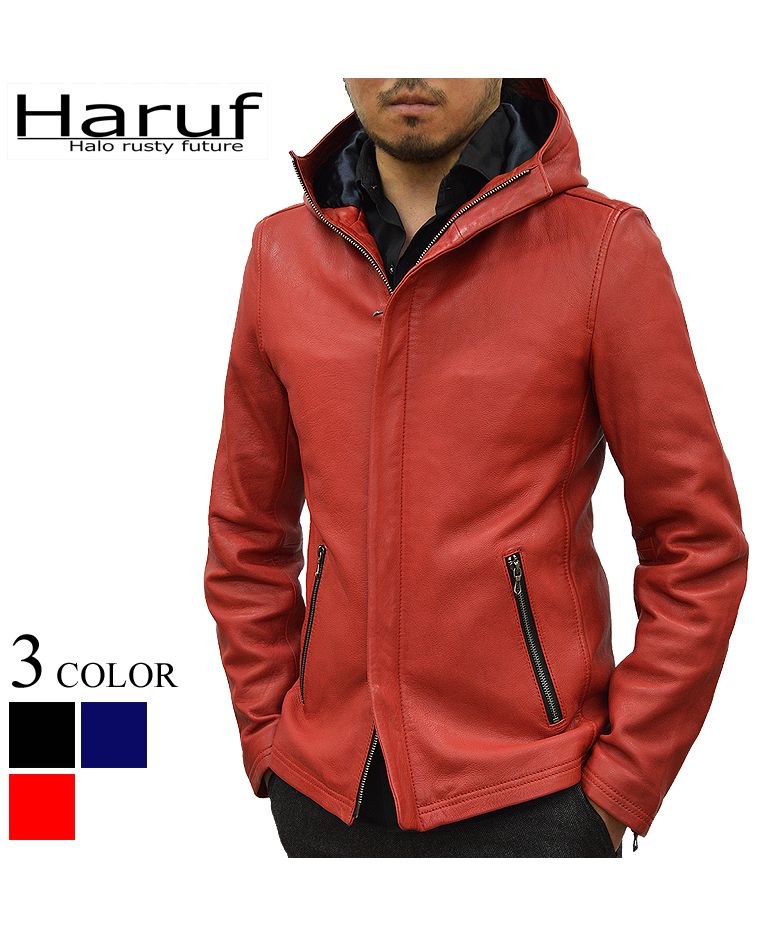 ハルフ Haruf レザージャケット 革ジャン メンズ 本革 シングルライダース フード マウンテンパーカー 大きいサイズ メンズアウター 秋冬 春 FD1,レッド