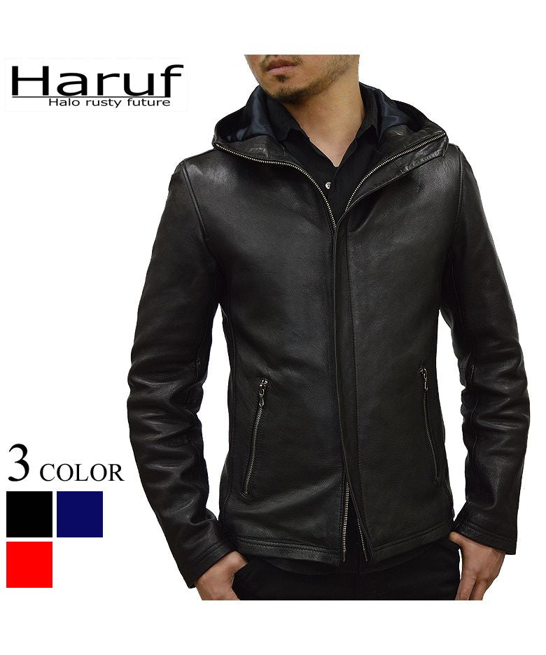 ハルフ Haruf レザージャケット 革ジャン メンズ 本革 シングルライダース フード マウンテンパーカー 大きいサイズ メンズアウター 秋冬 春 FD1,ブラック