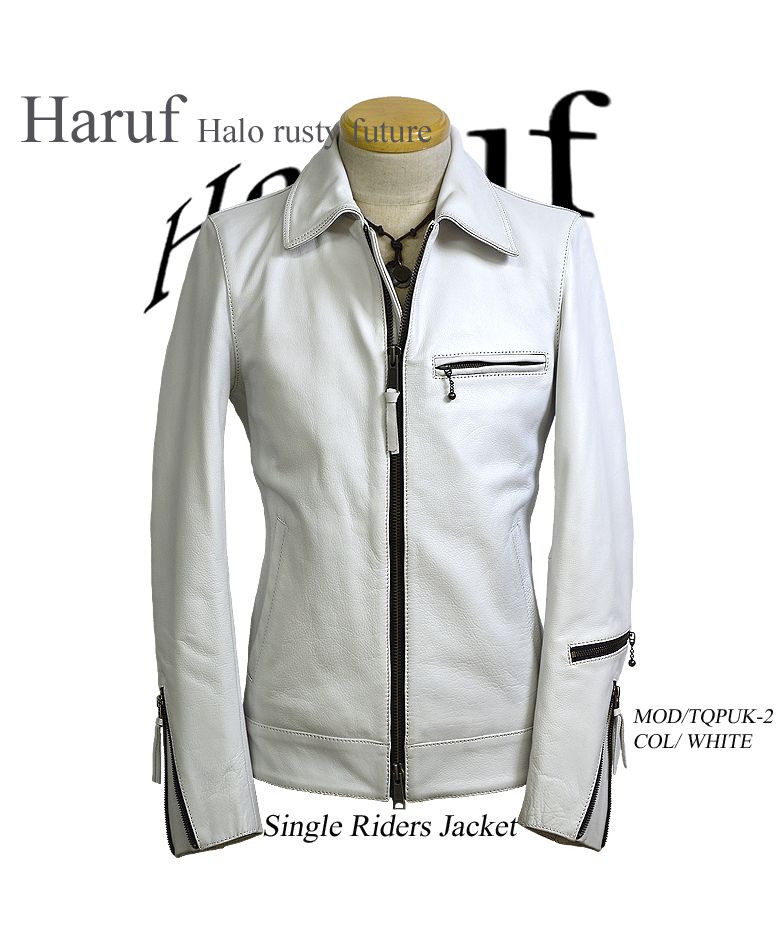 ハルフ Haruf レザージャケット ライダースジャケット 革ジャン メンズ 本革 シングルライダース バイクジャケット カウレザー TQPUK2,ホワイト