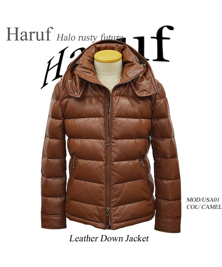 Haruf レザーダウンジャケット US119 NAV M 本革 レザージャケット ダウンジャケット メンズ 革ジャン ライダース