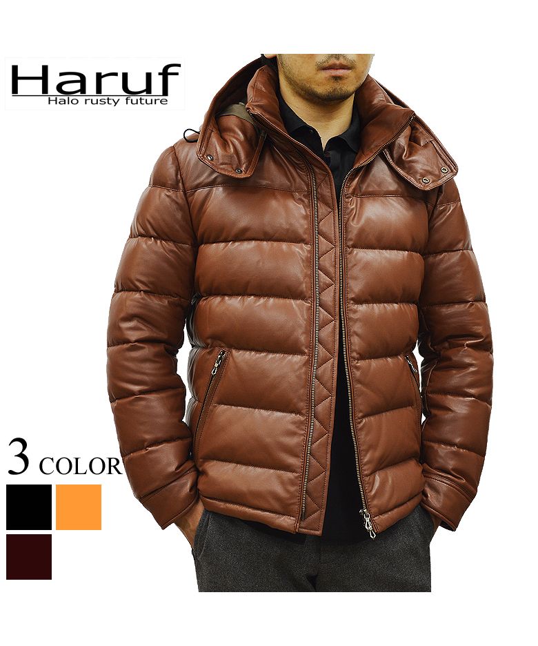 ハルフ Haruf ダウンジャケット ダウンコート メンズ 本革 レザージャケット 革ジャン 秋 冬 ブラック 黒 キャメル ブラウン 茶 US01,キャメル