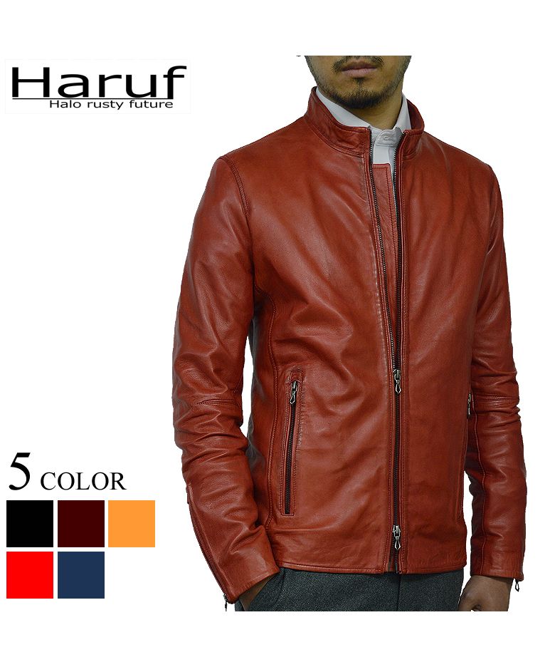 ハルフ Haruf ライダースジャケット レザージャケット 革ジャン メンズ 本革 シングルライダース スタンドカラー ラムレザー ブルゾン 秋冬 WL02,レッド