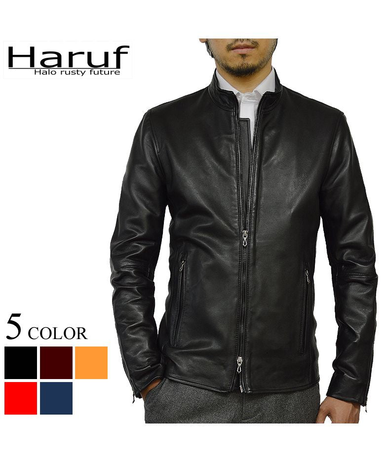 ハルフ Haruf ライダースジャケット レザージャケット 革ジャン メンズ 本革 シングルライダース スタンドカラー ラムレザー ブルゾン 秋冬 WL02,ブラック