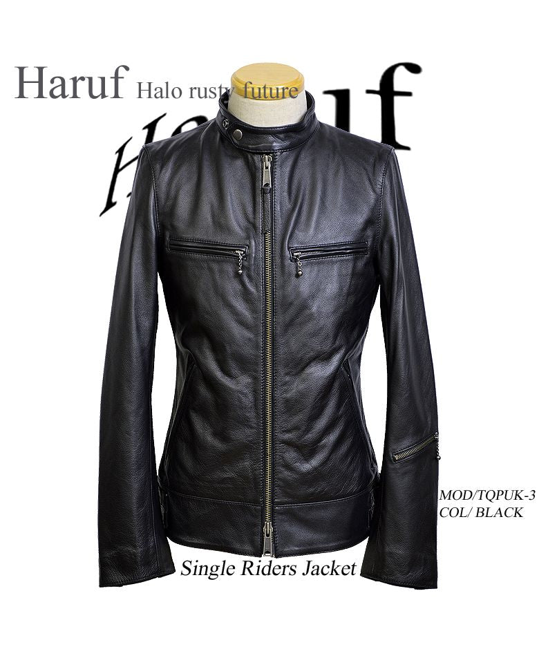 ハルフ Haruf レザージャケット ライダースジャケット 革ジャン メンズ 本革 シングルライダース バイクジャケット カウレザー TQPUK3,ブラック