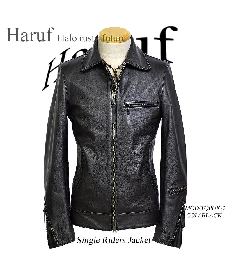 ハルフ Haruf レザージャケット ライダースジャケット 革ジャン メンズ 本革 シングルライダース バイクジャケット カウレザー TQPUK2,ブラック