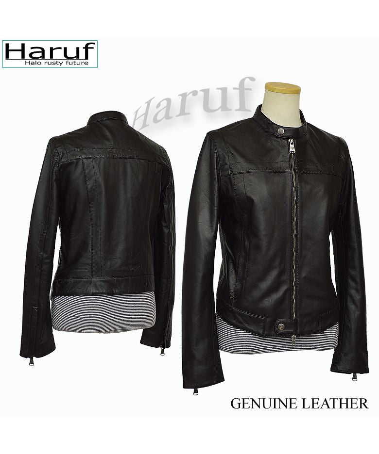 ハルフ Haruf 本革 レザージャケット ライダースジャケット 革ジャン レディース シンプル かわいい ラムレザー 羊革 ブラック 黒 グレー ベージュ 秋 冬 319
