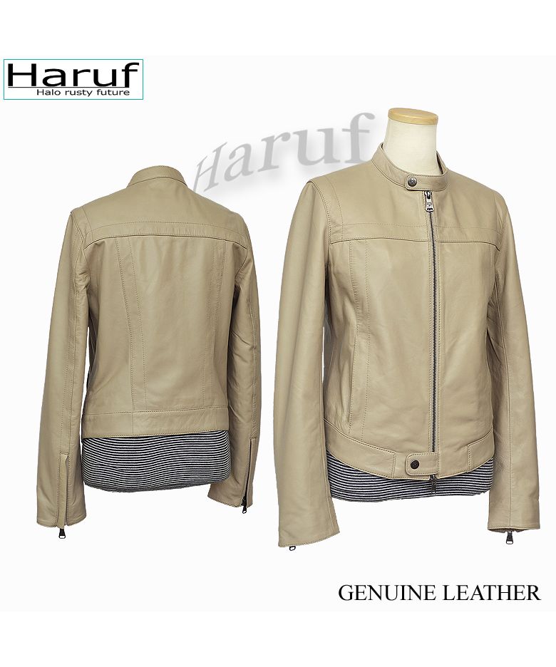 ハルフ Haruf 本革 レザージャケット ライダースジャケット 革ジャン レディース シンプル かわいい ラムレザー 羊革 ブラック 黒 グレー ベージュ 秋 冬 319