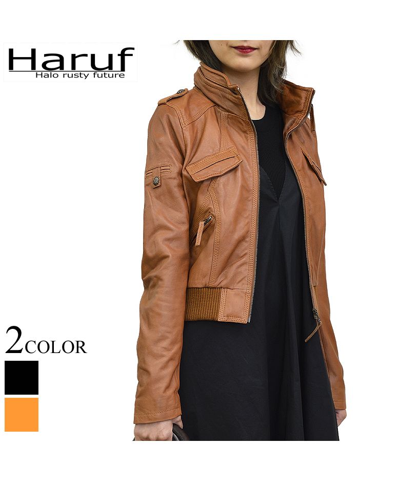 ハルフ Haruf 本革 革ジャン レディース レザージャケット シングルライダース ラムレザージャケット 羊革 かわいい レディースアウター 秋冬 PD069,キャメル