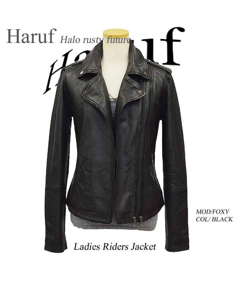 ハルフ Haruf レザージャケット ダブルライダースジャケット 革ジャン レディース 本革 ラムレザー 羊革 シンプル ライダース ダブル レディースアウター 春 秋冬 FOXY,ブラック