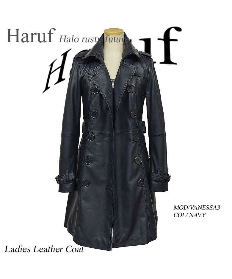 ハルフ Haruf トレンチコート レザーコート レディース 本革 レザージャケット 革ジャン ラムレザー 革コート シンプル レディースロングコート 秋冬 VANESSA3,ネイビー