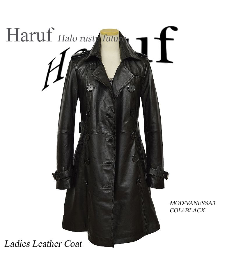ハルフ Haruf トレンチコート レザーコート レディース 本革 レザージャケット 革ジャン ラムレザー 革コート シンプル レディースロングコート 秋冬 VANESSA3,ブラック