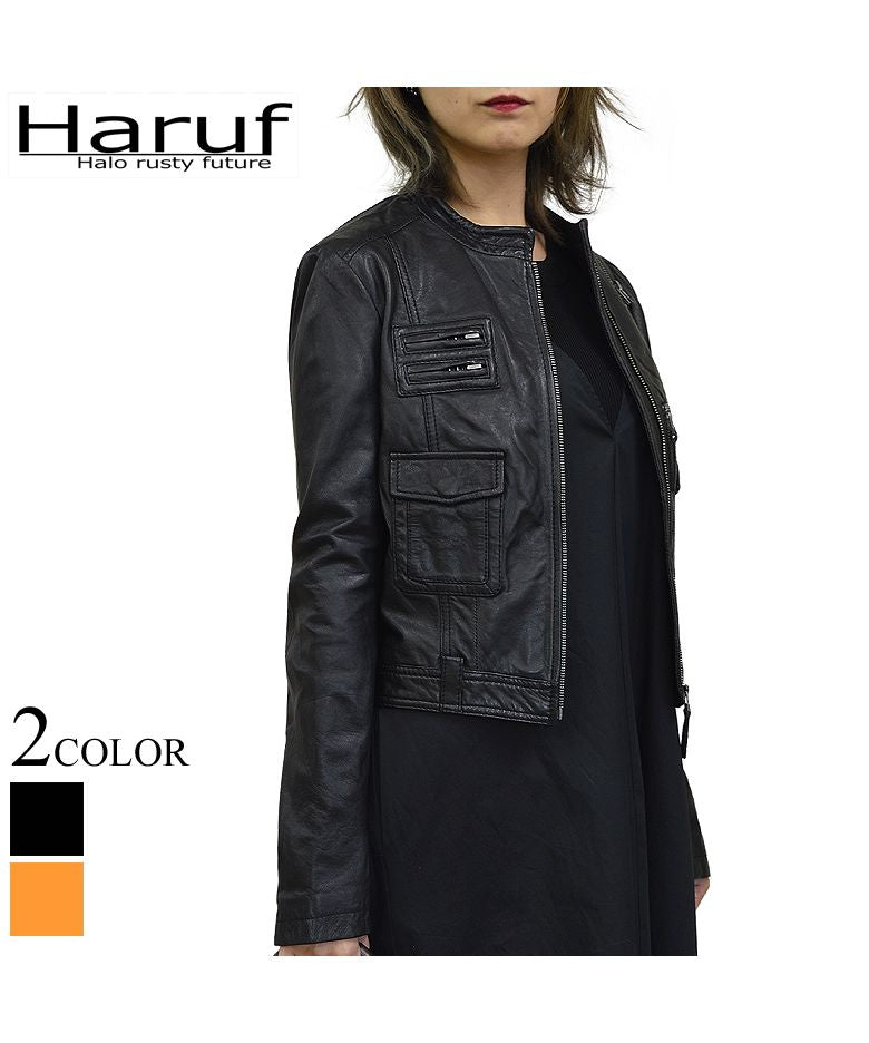 ハルフ Haruf レザージャケット 革ジャン シングルライダース レディース 本革 かわいい スタンド ノーカラー ラムレザー 羊革 ブラック 黒 キャメル 秋 冬 PD075,ブラック