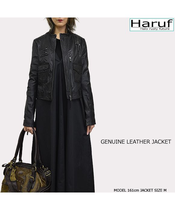 ハルフ Haruf レザージャケット 革ジャン シングルライダース レディース 本革 かわいい スタンド ノーカラー ラムレザー 羊革 ブラック 黒 キャメル 秋 冬 PD075