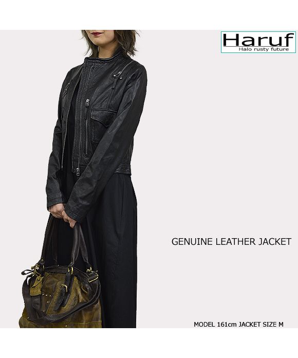 ハルフ Haruf レザージャケット 革ジャン シングルライダース レディース 本革 かわいい スタンド ノーカラー ラムレザー 羊革 ブラック 黒 キャメル 秋 冬 PD075