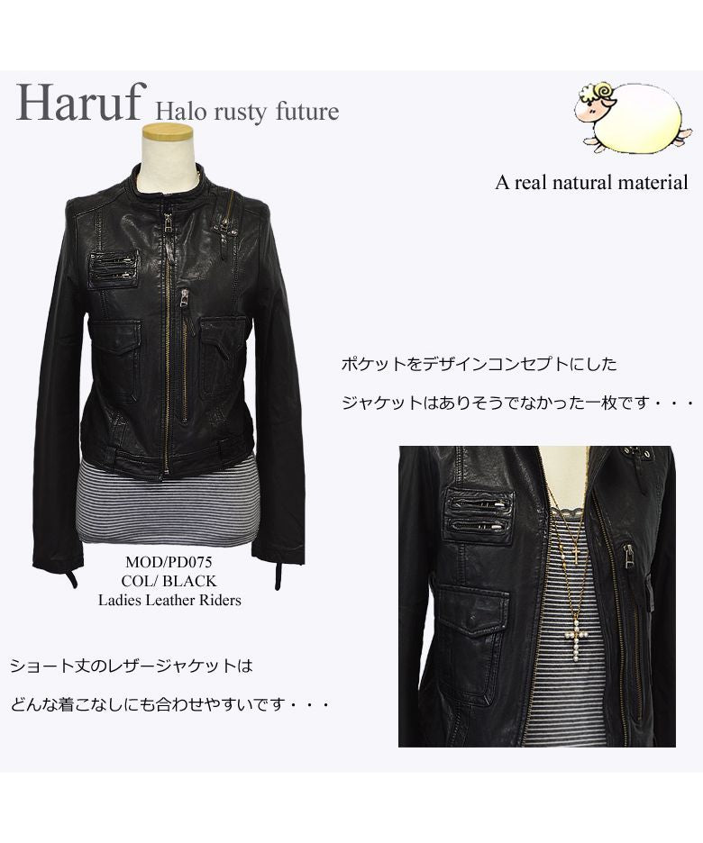 ハルフ Haruf レザージャケット 革ジャン シングルライダース レディース 本革 かわいい スタンド ノーカラー ラムレザー 羊革 ブラック 黒 キャメル 秋 冬 PD075