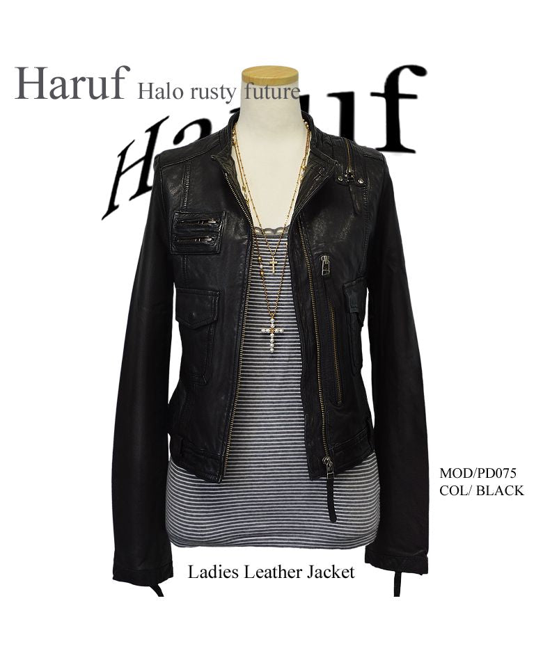 ハルフ Haruf レザージャケット 革ジャン シングルライダース レディース 本革 かわいい スタンド ノーカラー ラムレザー 羊革 ブラック 黒 キャメル 秋 冬 PD075
