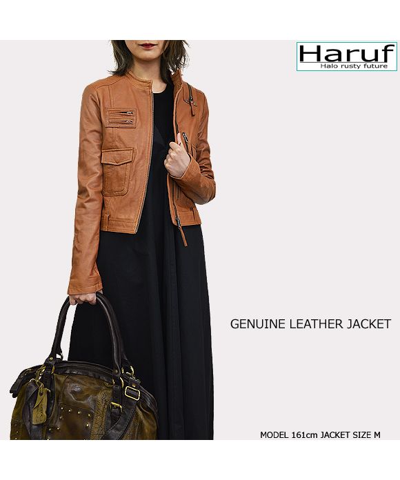 ハルフ Haruf レザージャケット 革ジャン シングルライダース レディース 本革 かわいい スタンド ノーカラー ラムレザー 羊革 ブラック 黒 キャメル 秋 冬 PD075