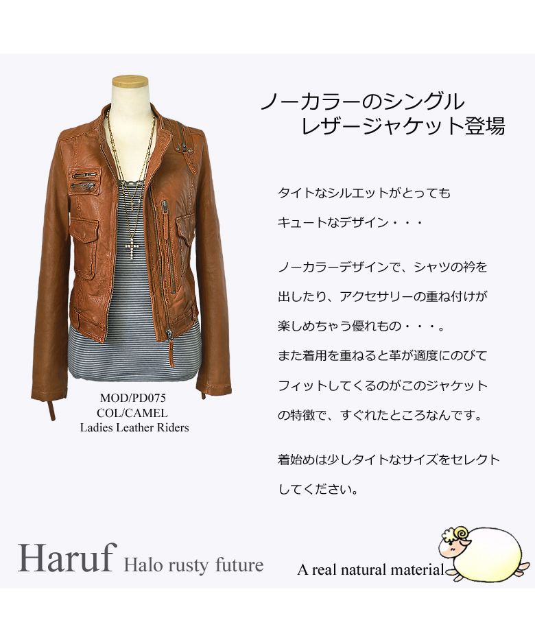 ハルフ Haruf レザージャケット 革ジャン シングルライダース レディース 本革 かわいい スタンド ノーカラー ラムレザー 羊革 ブラック 黒 キャメル 秋 冬 PD075