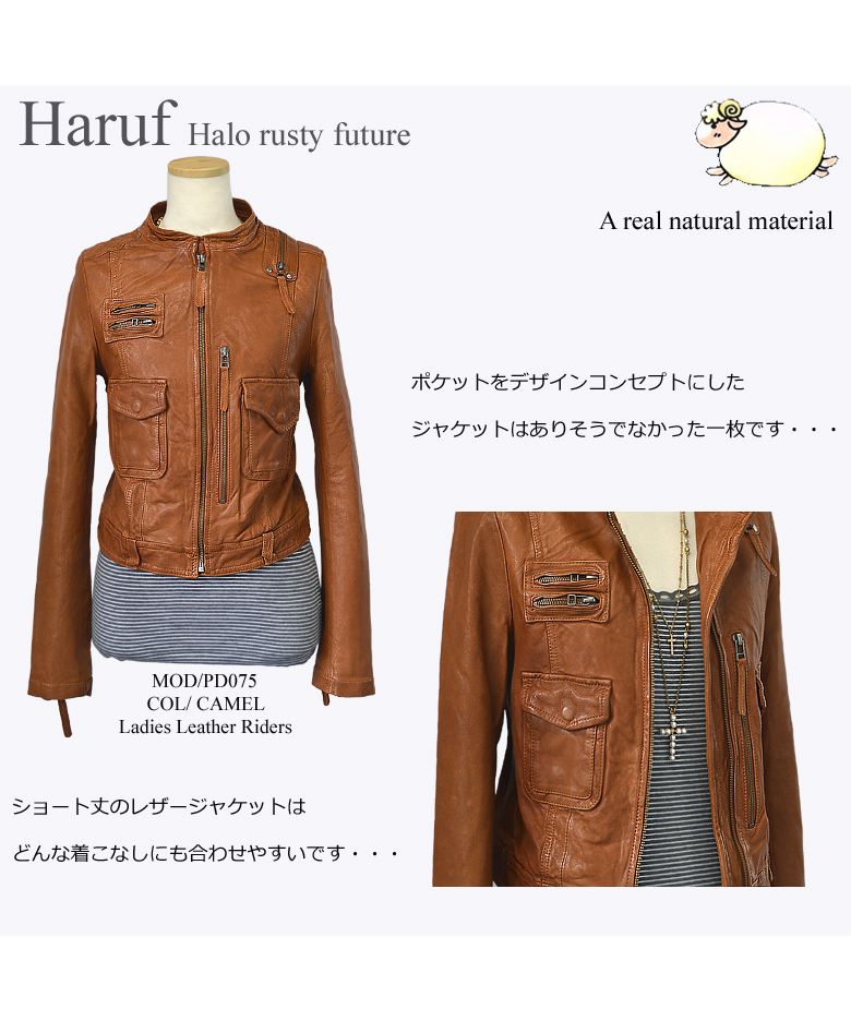 ハルフ Haruf レザージャケット 革ジャン シングルライダース レディース 本革 かわいい スタンド ノーカラー ラムレザー 羊革 ブラック 黒 キャメル 秋 冬 PD075