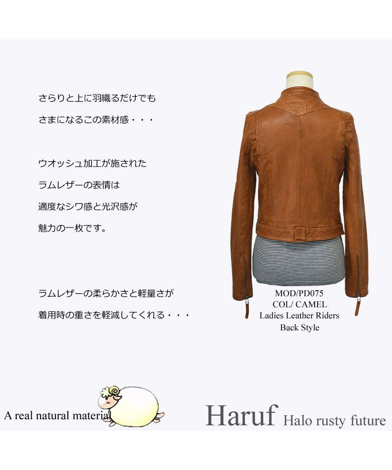 ハルフ Haruf レザージャケット 革ジャン シングルライダース レディース 本革 かわいい スタンド ノーカラー ラムレザー 羊革 ブラック 黒 キャメル 秋 冬 PD075