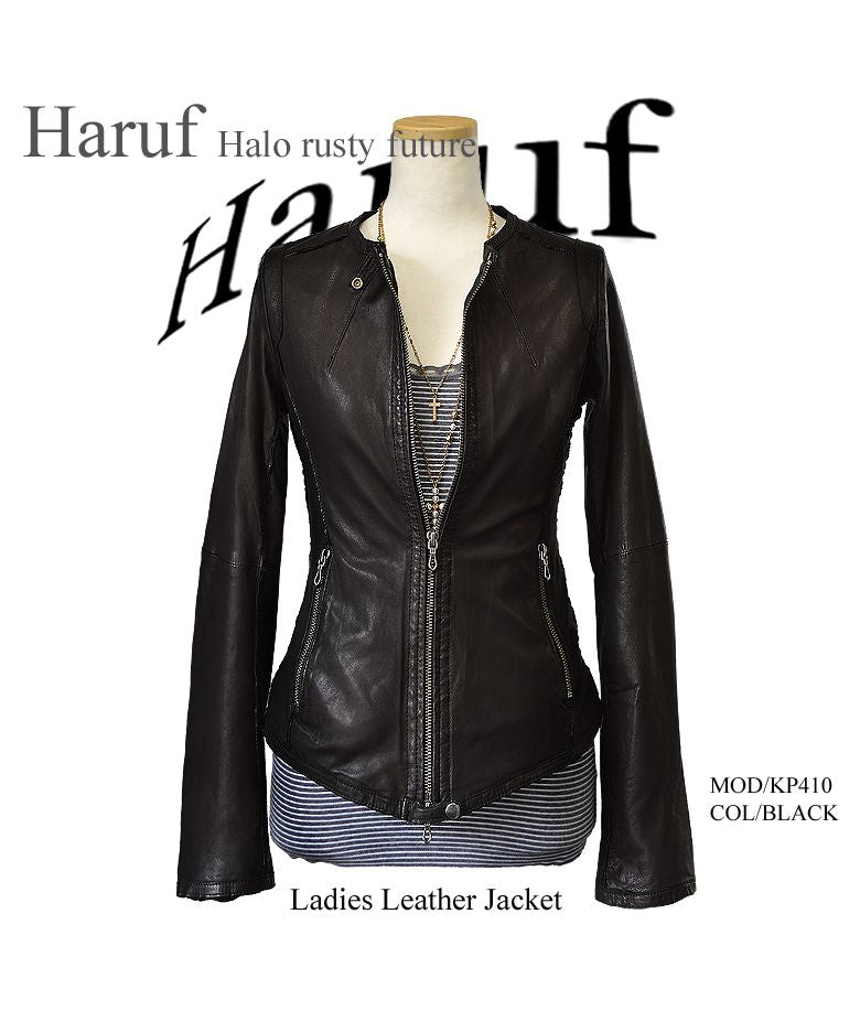 ハルフ Haruf レザージャケット レディース 本革 ノーカラー シングルライダースジャケット 革ジャン レディースジャケット ブラック キャメル ブルー レッド KP410 （キャメル） キャメル