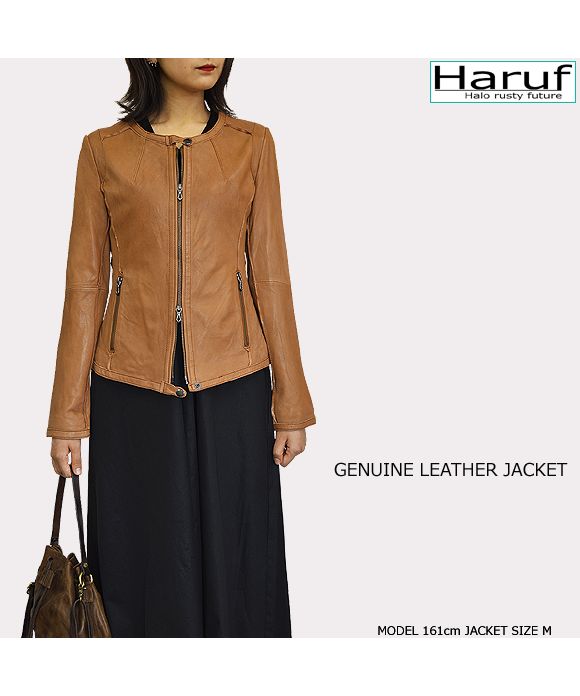 ハルフ Haruf レザージャケット レディース 本革 ノーカラー シングルライダースジャケット 革ジャン レディースジャケット ブラック キャメル ブルー レッド KP410 （キャメル） キャメル
