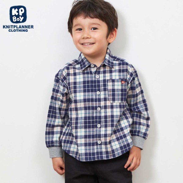 ケーピー KP KPBOY 先染めチェック長袖シャツ(90～150) （紺） 紺