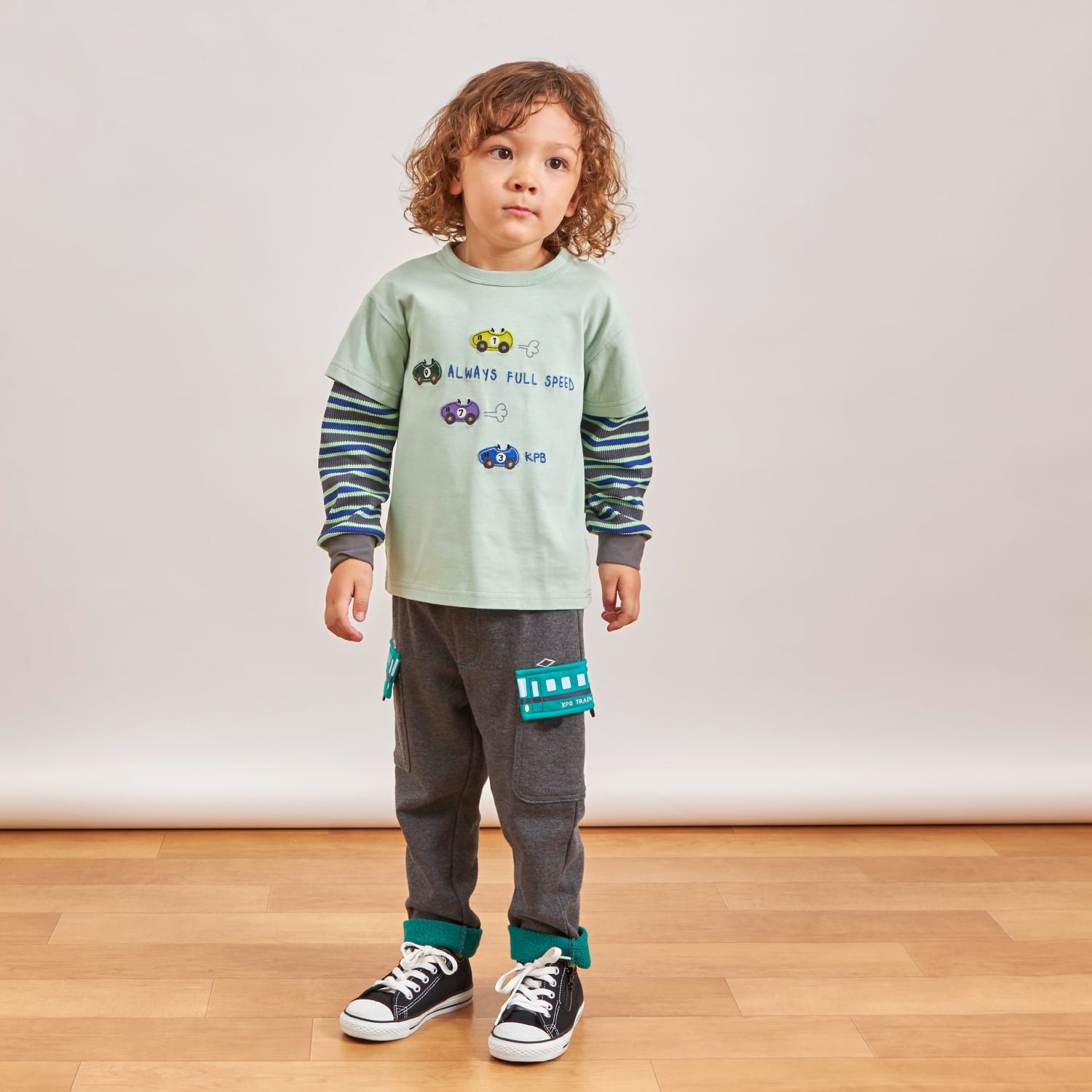 ケーピー KP 車アップリケ レイヤード風長袖Tシャツ （オレンジ） オレンジ