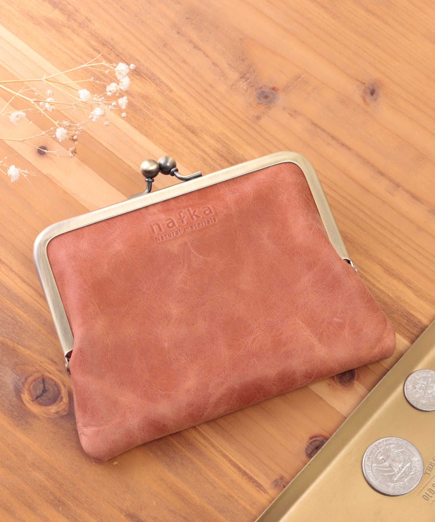 ナフカ nafka 財布 がま口 二つ折り財布 がま口財布 小銭入れ コインキャッチャー  本革 牛革 姫路レザー レトロ アンティーク nafka ナフカ NFKー72107,テラコッタ
