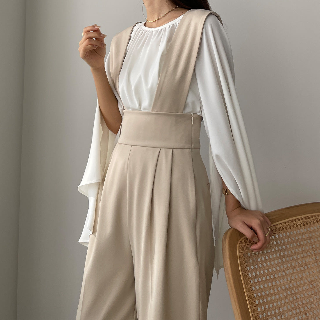 ルエレ Louere Louere 【取り外し可】ワイドサスペンダーハイウエストパンツ,アイボリー